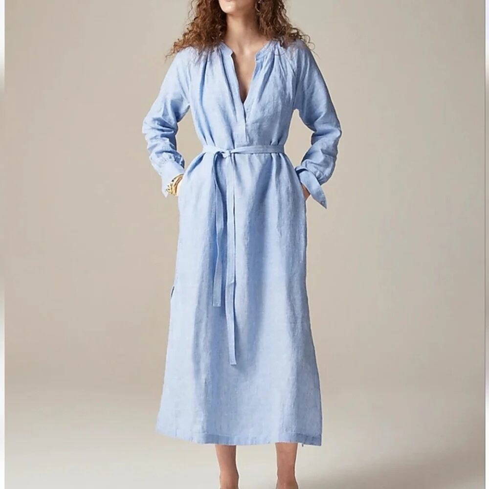 J. Crew Midi Cabana 100% Linen Long Sleeve Belted French Blue Dress Size LP